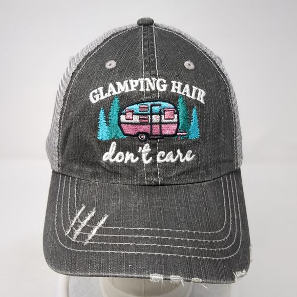 Glamping Hair Don't Care Strapback Trucker Hat Gray OS Distressed Mesh Back Ha - Picture 2 of 9